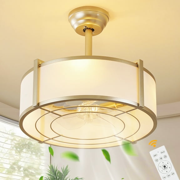 18" Gold Ceiling Fan with Light, Fabric Boho Chandelier Ceiling Fans with Remote Control, Mid-Century Modern Caged with 6 Speeds for Bedroom, Nursery
