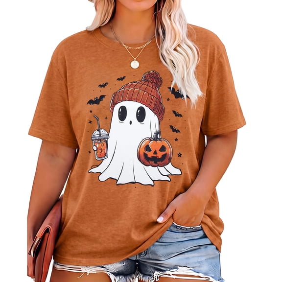 DEXIO Womens Halloween Plus Size Shirts for Women Cute Ghost Tops Fall Pumpkin T Shirt Casual Short Sleeve Tees,1X