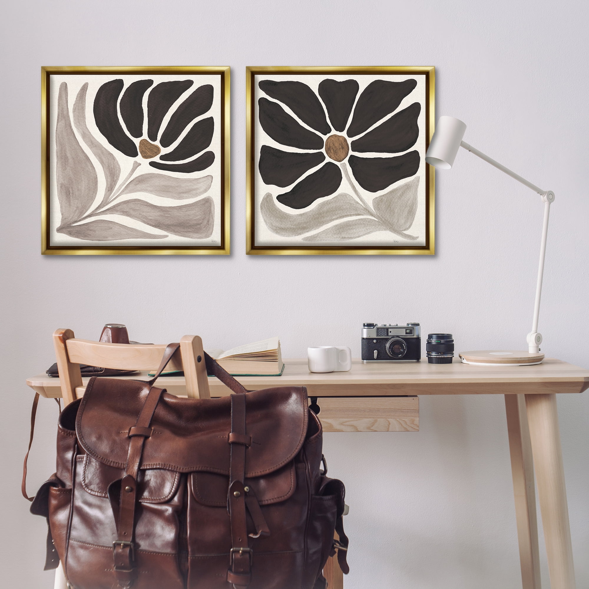 Stupell Industries Large Modern Flower Plants & Flowers Painting Gold Floater Framed Canvas Art Print Wall Art, 25 x 25, Set of 2