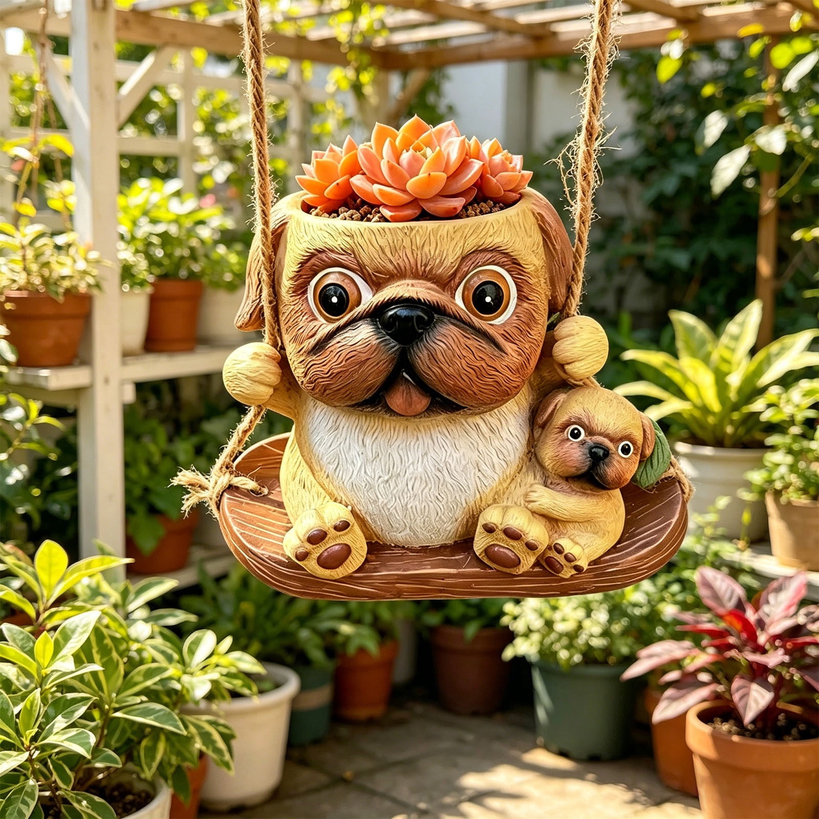 Cute Resin Pug & Baby Dog Hanging Planter – Succulent Pot for Indoor/Outdoor, Balcony Garden Decor, Jute Rope Included, Gift for Dog Lovers