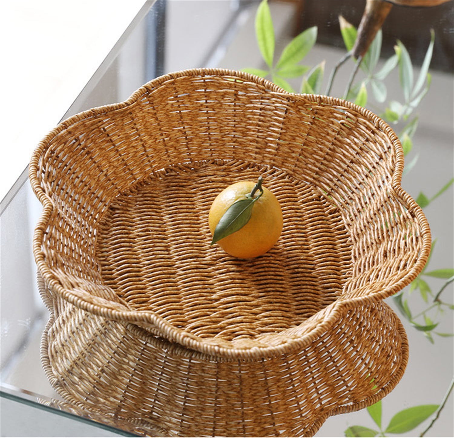 Rattan Round Woven Basket,Happon Round Serving Bowl,Decorative Basket Serving Basket for Kitchen Countertop Organizing