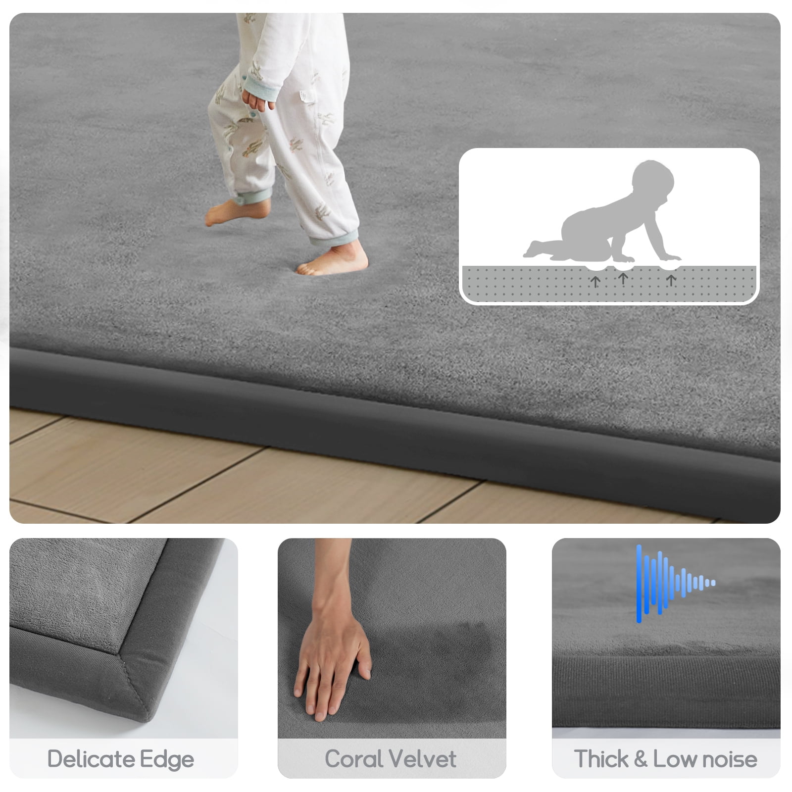 Teler Baby Play Mat for Floor, 1.3" Thick Foam 50"×50" Playmat, Ultra-Soft Plush Feel & Non-Slip Backing Safe for Infants, Toddlers Crawling, Dark Grey