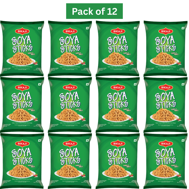 Bikaji Soya Sticks (Crispy and Spicy) 140g, Pack of 12, arranged in a grid layout. Each green packet showcases bold white text and a vibrant image of crunchy soya sticks, emphasizing the masala flavor and Indian street food appeal. Perfect for festive sharing or guilt-free snacking, these protein-rich namkeen snacks capture the essence of traditional Indian flavors.