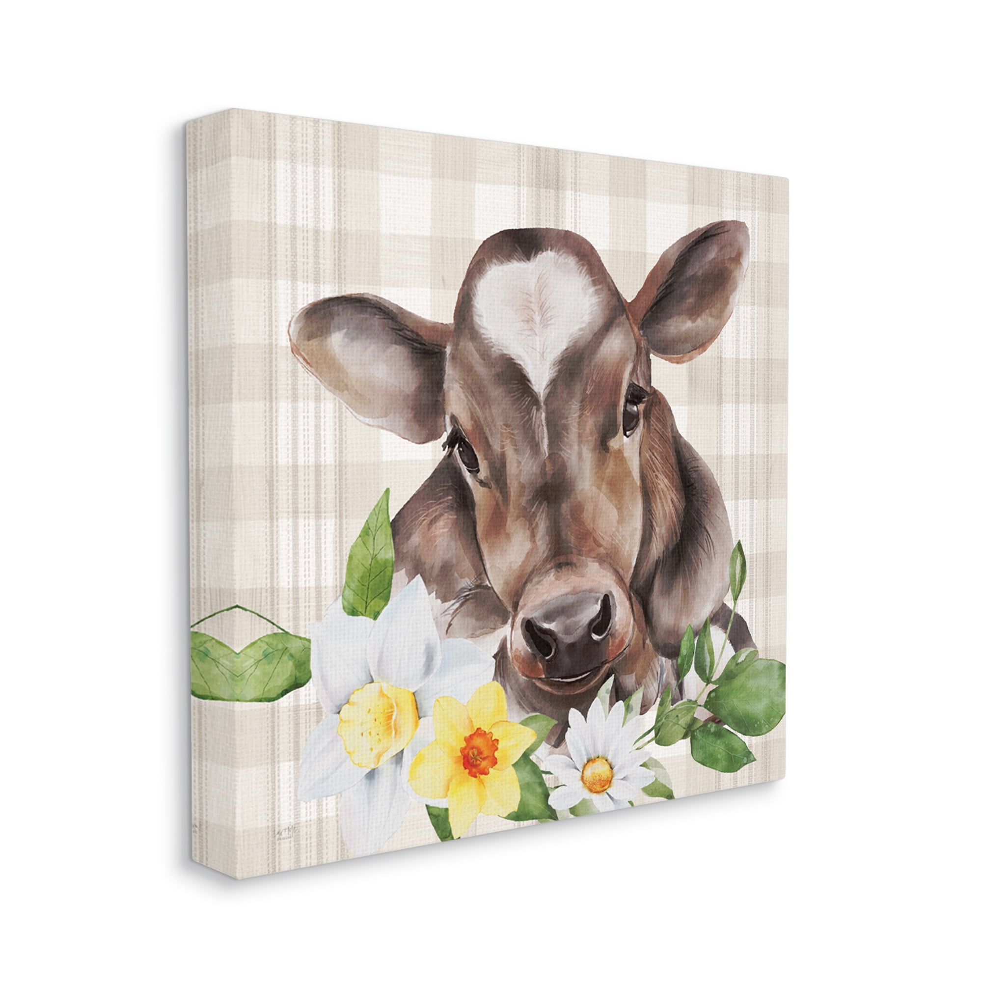 Stupell Country Gingham Floral Cow Animals & Insects Painting Gallery Wrapped Canvas Print Wall Art