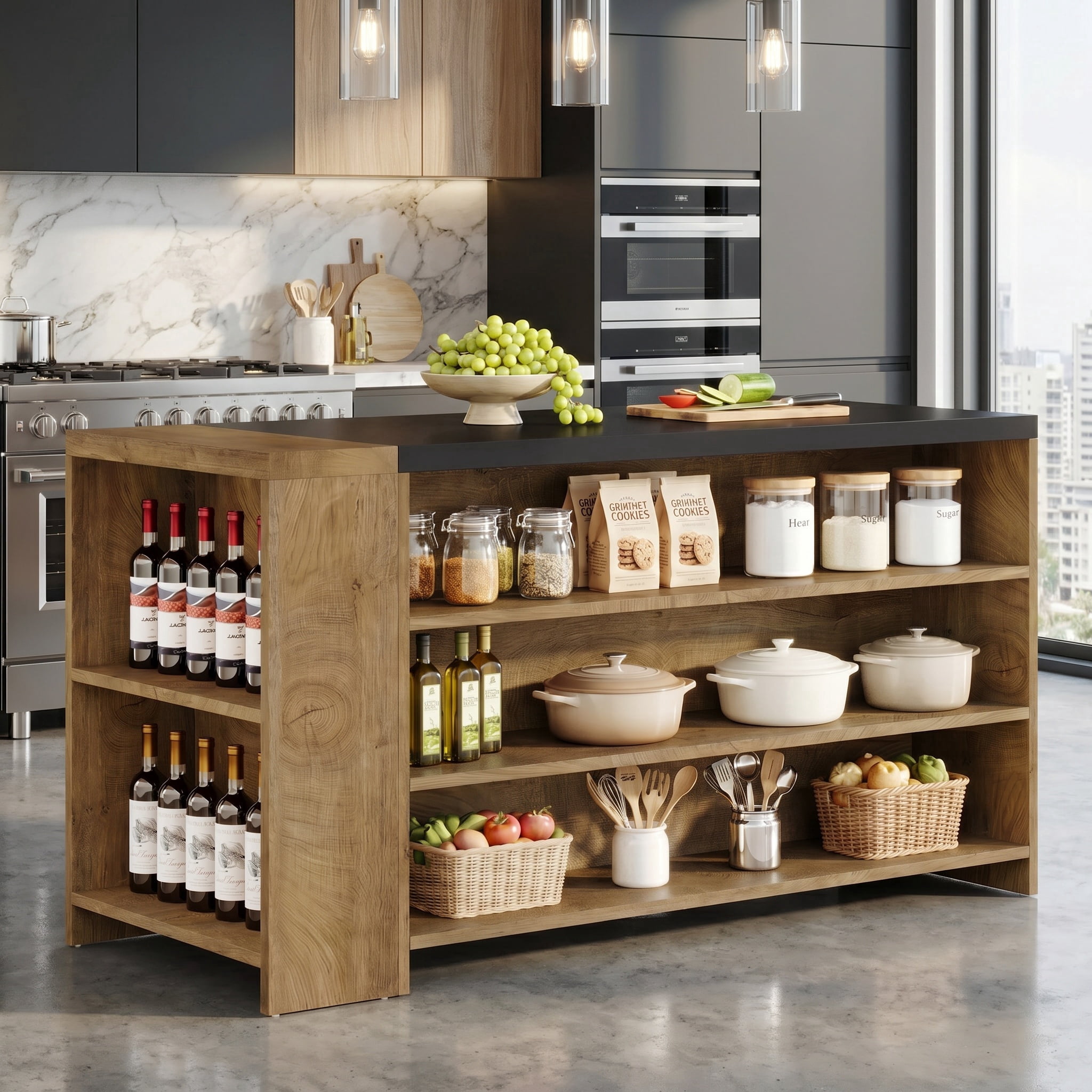 Fnova 55" Kitchen Island with 5 Shelves, Farmhouse Stationary Island Table, Large Stationary Storage Cabinet for Kitchen Dining Room, Vintage Brown