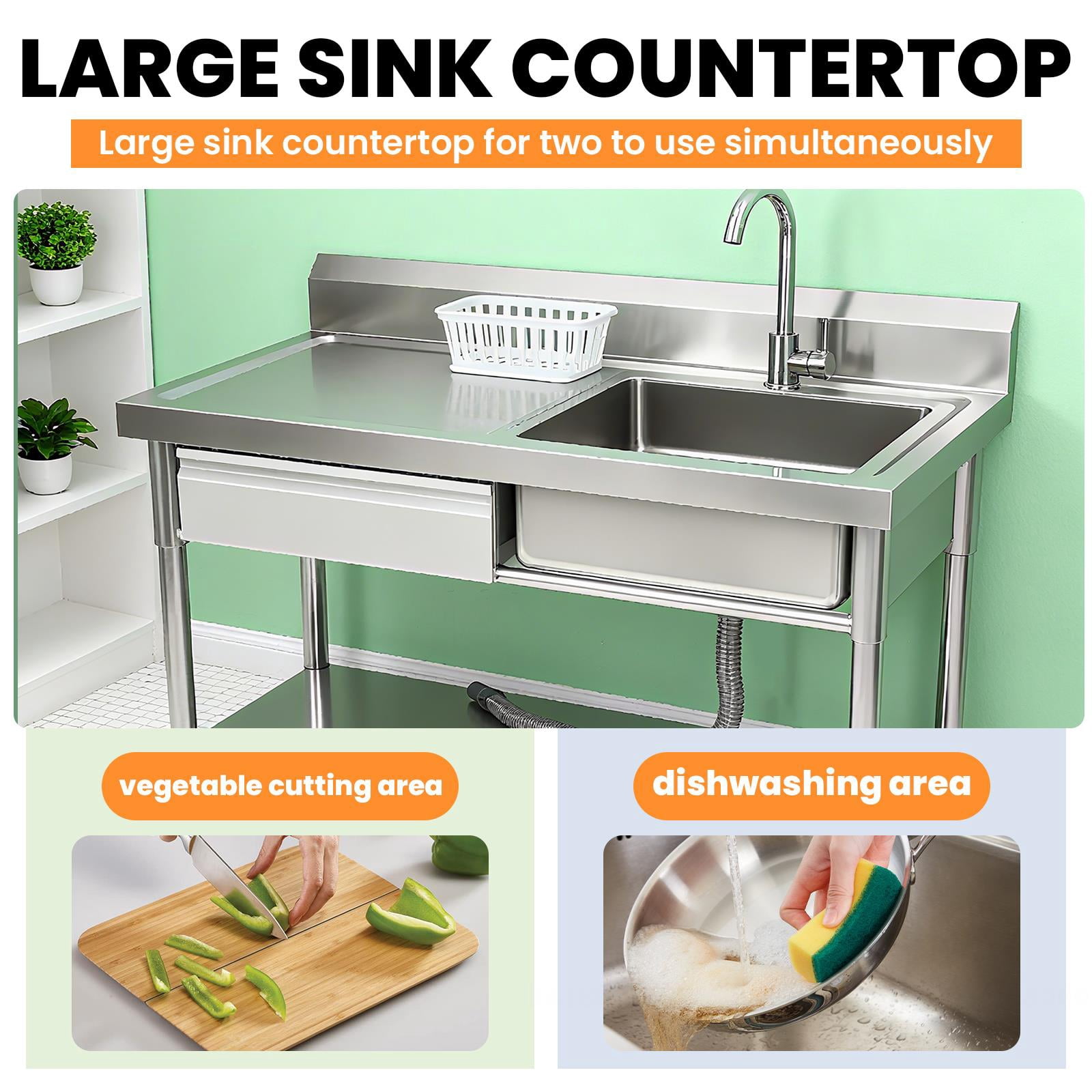 1-Drawer Free Standing Utility Sink,Stainless Steel Commercial Sink With Single Bowl,Cold And Hot Water Pipes And Workbench,Kitchen Sink For Laundry Or Farmhouse,Silver