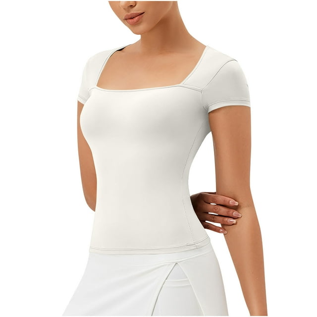 Plebaso Hauts à Manches Courtes et Encolure Carrée pour Femmes, T-Shirts Ajustés Décontractés Couleur Unie Mode 2025 pour Sortir