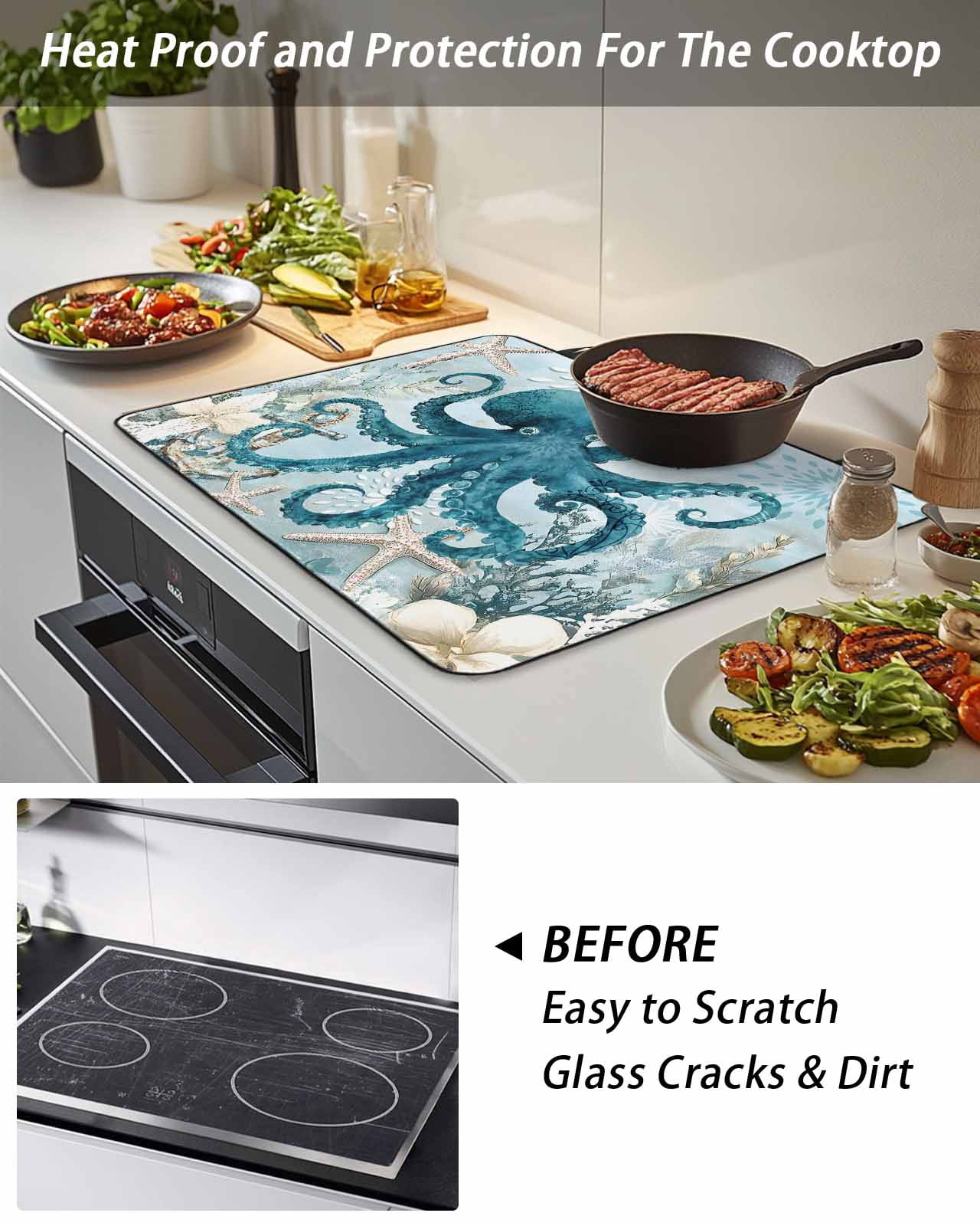 Stove Top Covers for Electric Stove, Octopus Blue Glass Stovetop Cover Protector, Coastal Starfish Nautical Anchor Flower Induction Cooktop Protector Oven Mat for Kitchen Countertop 31"x24"