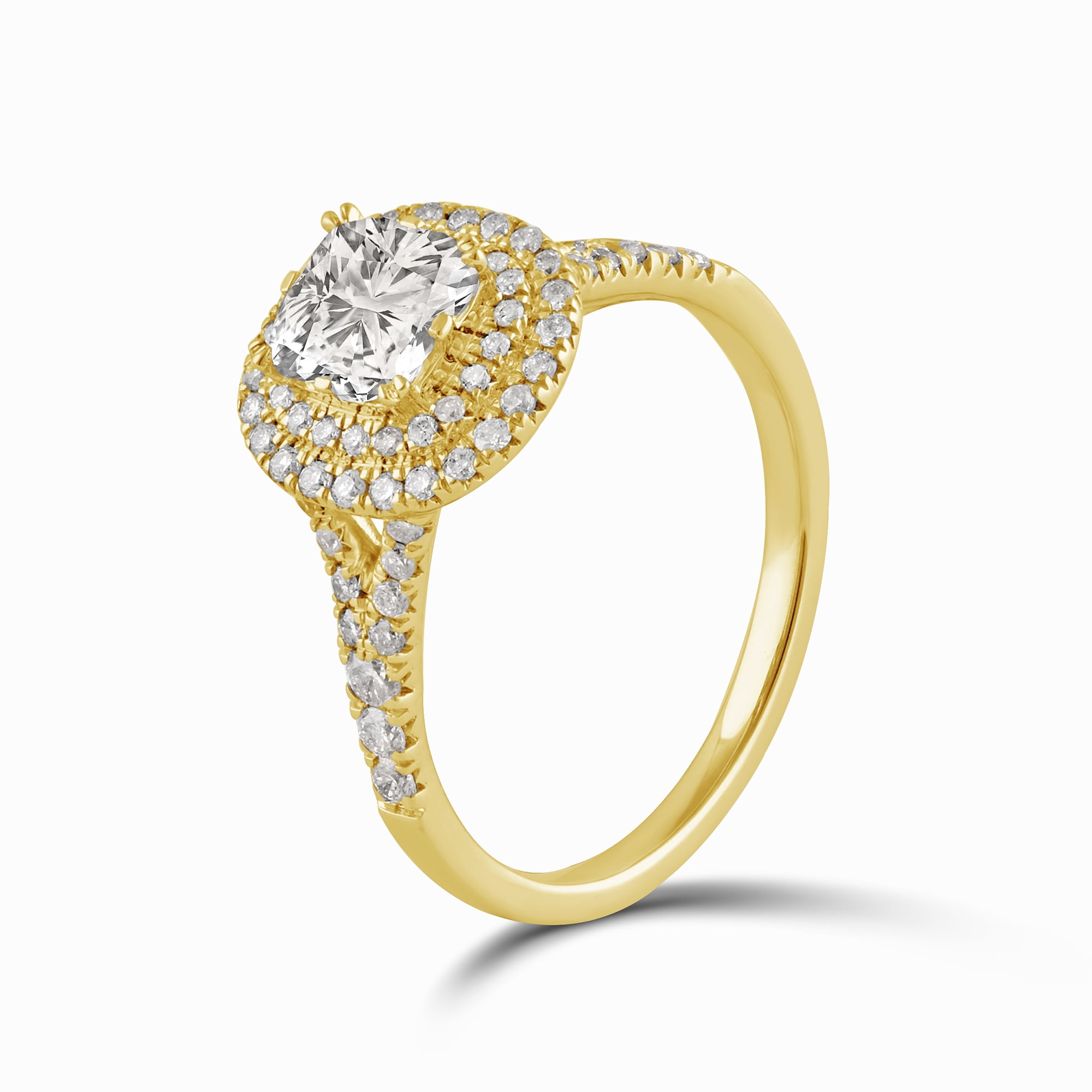 Arista 1.25 ct Cushion cut Swarovski Diamonds Double Halo Engagement Ring in Yellow plated Sterling Silver
