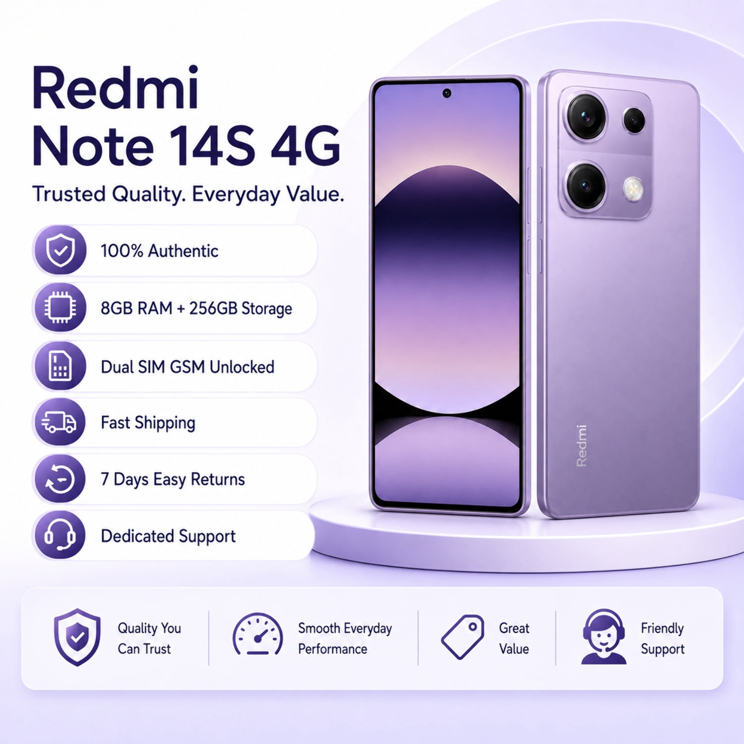 Xiaomi Redmi Note 14S 4G 256GB ROM 8GB RAM Dual Sim GSM Unlocked - Aurora Purple