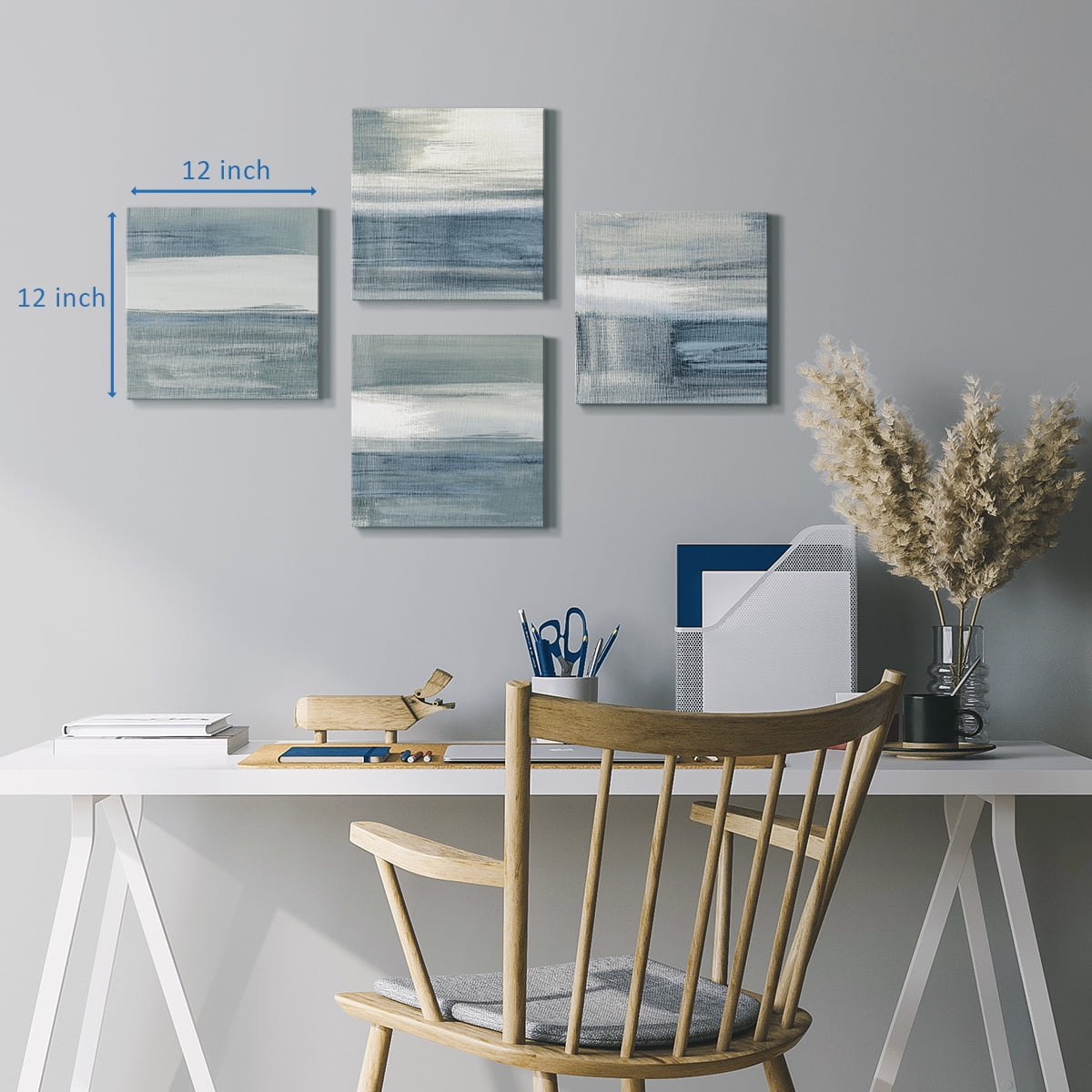 Wexford Home Modern Home Wall Décor Abstract Black and White Grey Canvas Wall Art 16 x 16 inches Set of 4 Framed Artwork for Living Room Bedroom