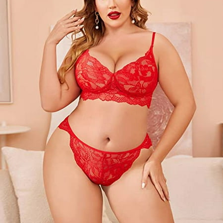 

SBYOJLPB Women s Shapewear Plus Size Sexy Women Floral Lace Scallop Trim Lingerie Set Temptation Babydoll Underwear Bra Panties Underpants Sleepwear Suit Red S