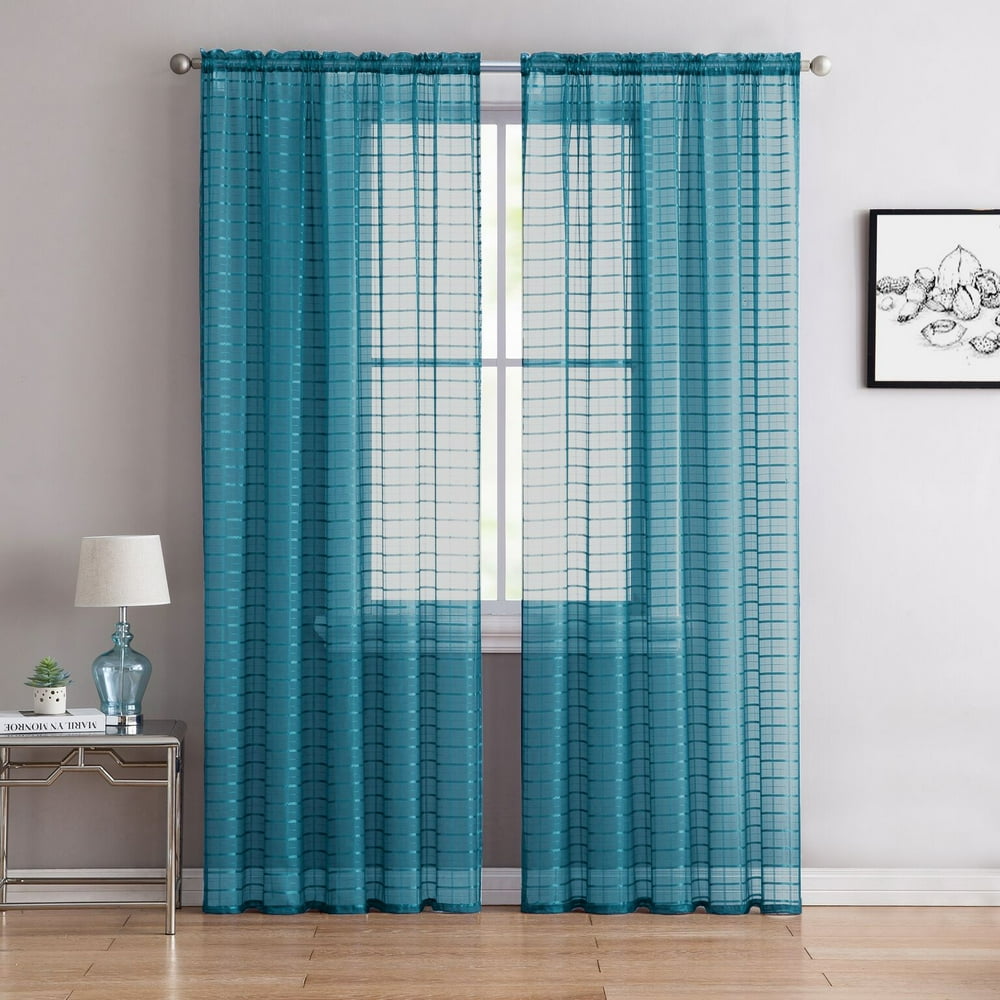 2 Pack Contemporary Plaid Sheer Voile Window Curtains Teal Walmart