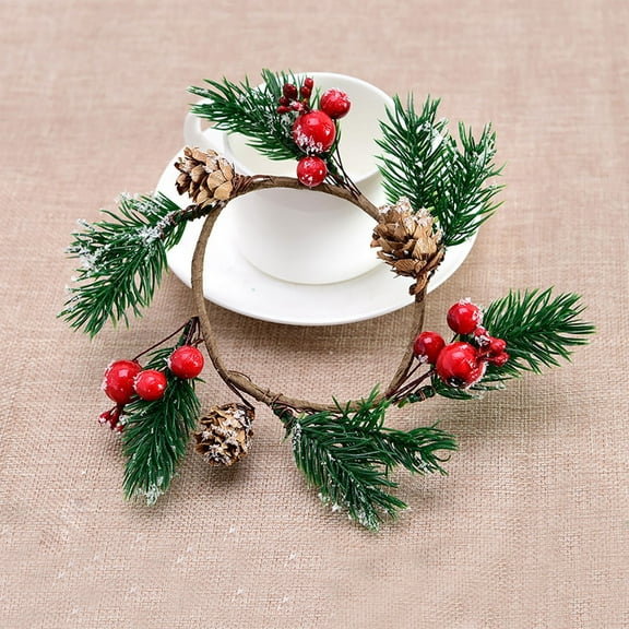 Boovnll Christmas Candle Rings, Artificial Berries Pine Small Christmas Wreath for Candle, Cup, Vase, Wedding Party Tabletop Centerpiece Decor, Christmas Decorations