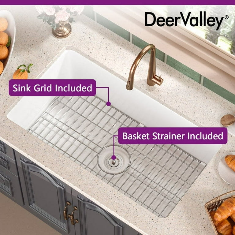 DEERVALLEY Rectangular Fireclay 32 in. L x 19 in. W Single Bowl Undermount  Kitchen Sink with Basket Strainer and Sink Grid DV-1K0016 - The Home Depot