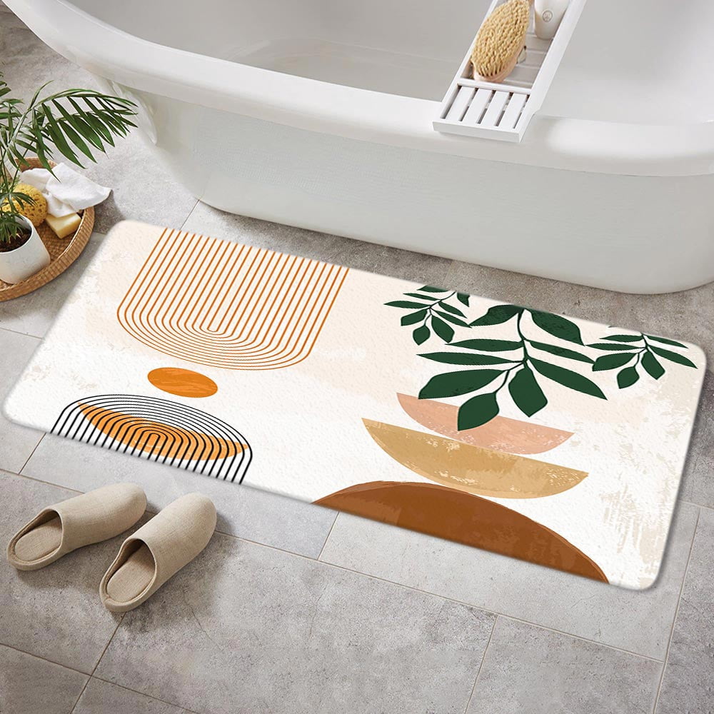 Mid Century Modern Boho Bathroom Rugs, Abstract Aesthetic Burnt Orange Non-Slip Bath Rugs Abstract Leaf Bathroom Rugs Set Minimalist Bathroom Rug Mat 17X48inch, Extra Soft and Absorbent Bath Rugs