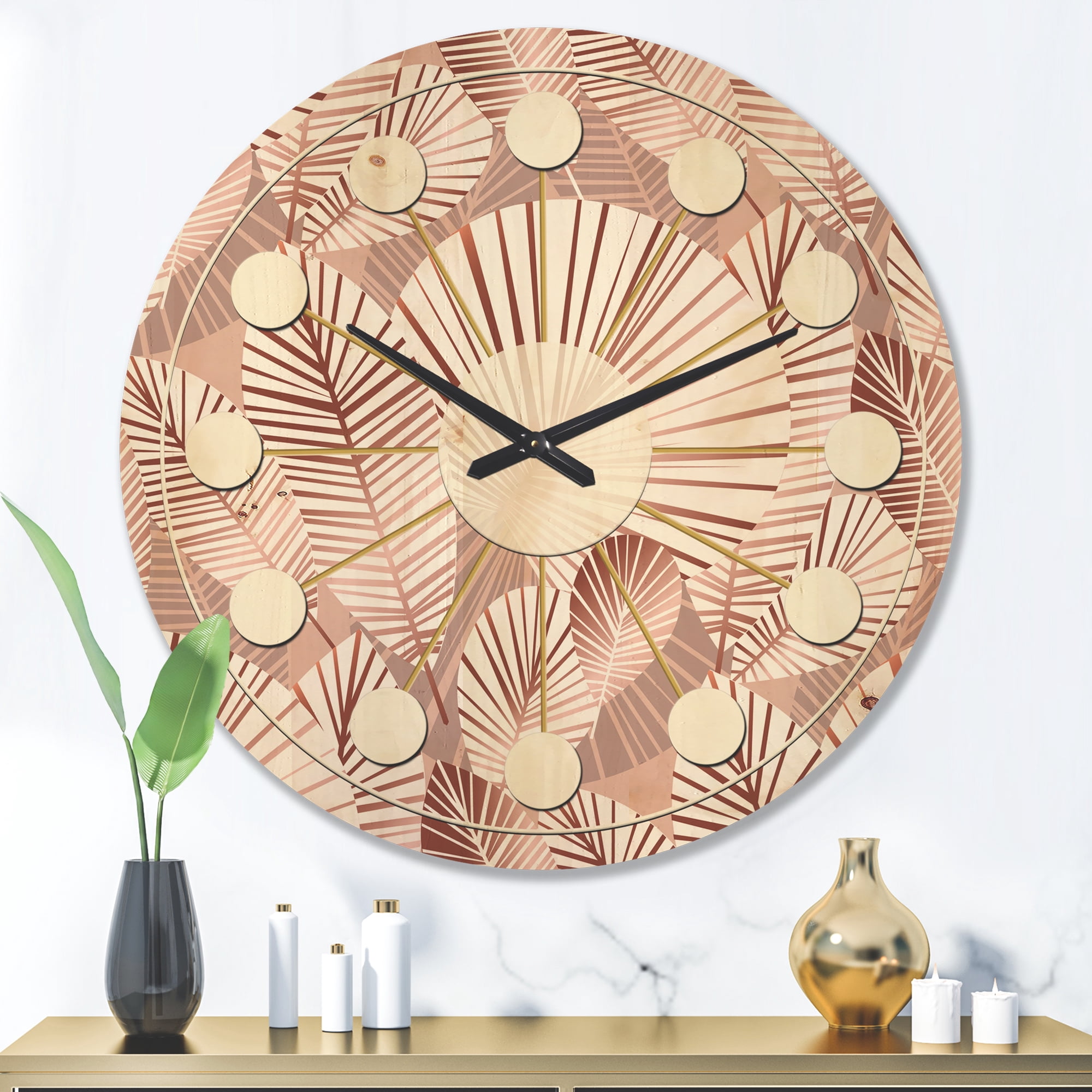 Designart 'Golden Tropical Leaves Pattern IV' Mid-Century Modern Wood Wall Clock