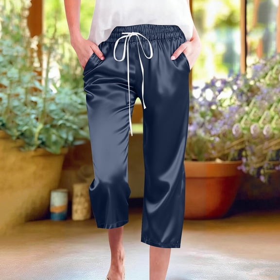Simua Women's Summer Fashion Satin Drawstring Elastic Waist Casual Pocket Straight Leg Capris Pants for Daily Casual Sport Wear