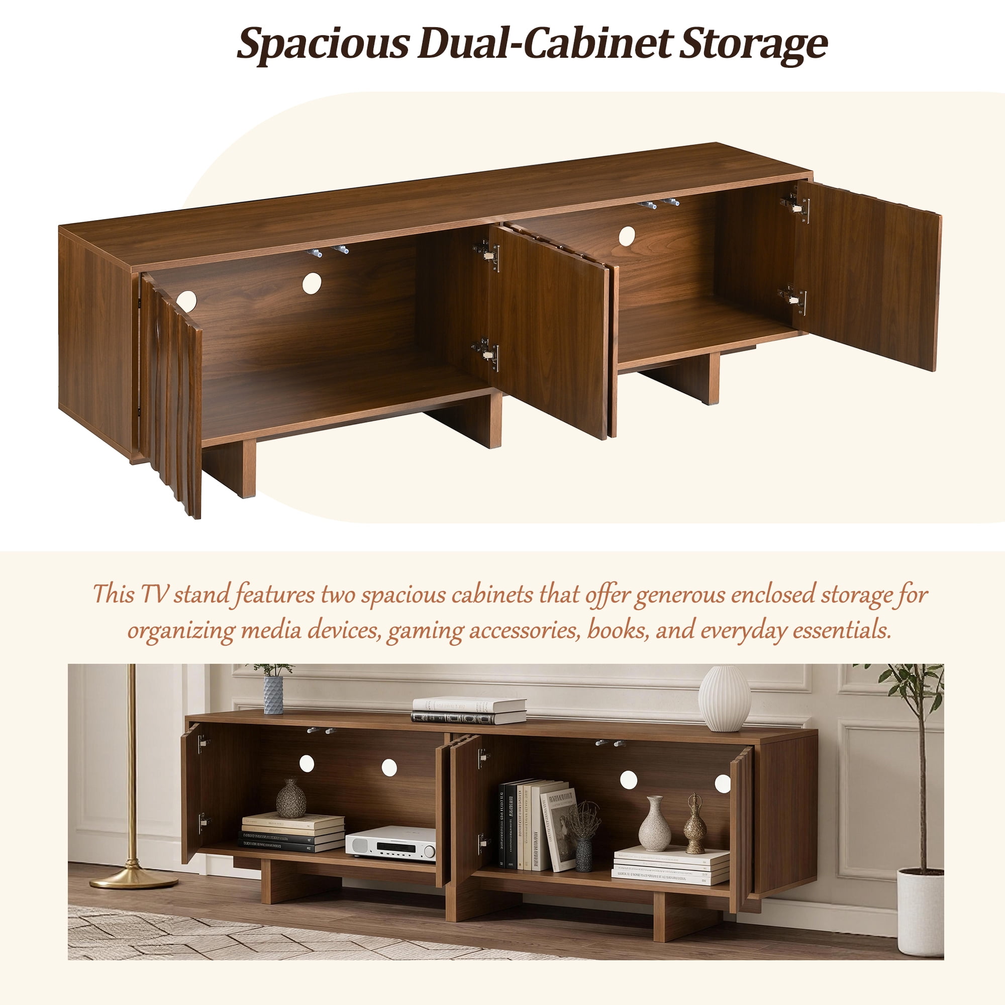 Euroco Retro Style Wood Grain TV Stand with Wavy Door Design for TVs up to 75", Rustic Media Console with Ample Storage Space, Sturdy Base TV Cabinet with Cable Management