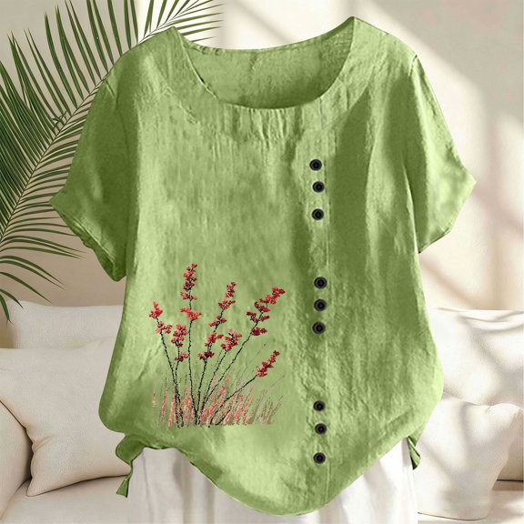 Cutuoiiu Women's Casual Loose Round Neck Short Sleeve Decorative Button Tops Gifts