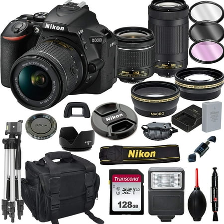 Nikon D5600 DSLR Camera with 18-55mm VR and 70-300mm Lenses + 128GB Card, Tripod, Flash, and More (20pc Bundle)