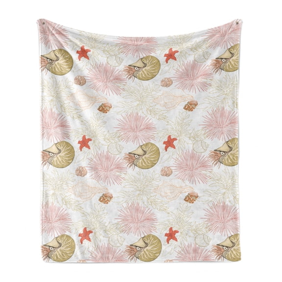 Nautical Soft Flannel Fleece Blanket, Coral Reef Sea World Jellyfish Squid Starfish Scallop Aquatic Doodle, Cozy Plush for Indoor and Outdoor Use, 70" x 90", Khaki Peach Dark Coral, by Ambesonne