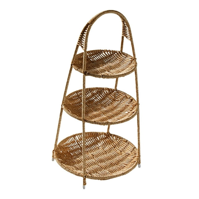 Rongfmy 3 Tier Multifunctional Weaving Basket Rack Cosmetic Rack Vegetable Storage Stand Round