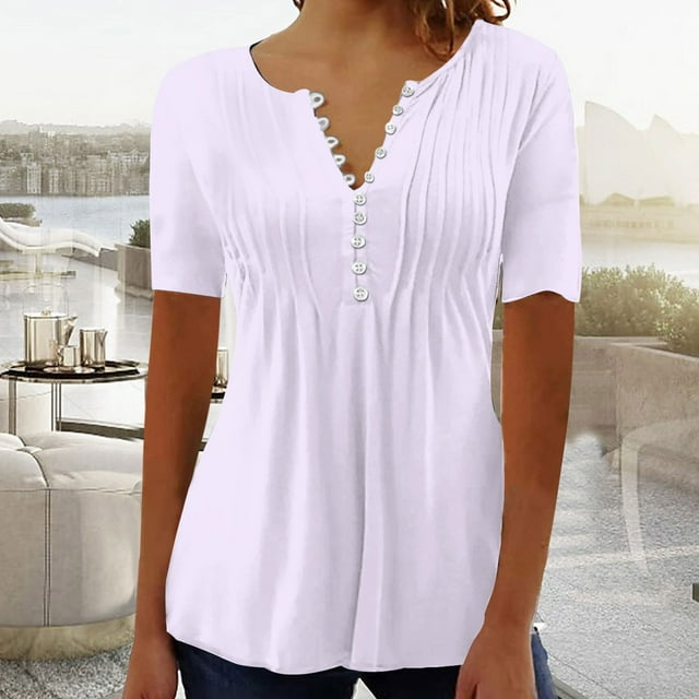 LSLJS T-Shirts pour Femmes Mode Décontractée Col Rond Plissé Couleur Unie Bouton Haut Blouse