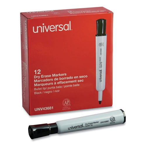 Universal Dry Erase Marker, Bullet Tip, Black, Dozen -UNV43681, Non-Toxic