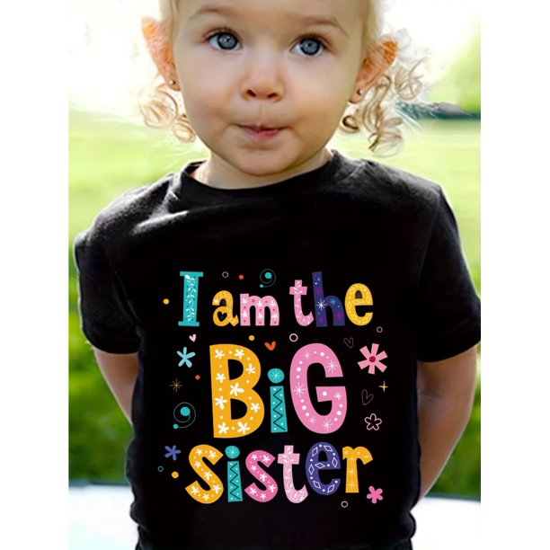 Camiseta de punto de algodón con estampado gráfico "Soy la Hermana Mayor" para niña GOURD DOLL, cómoda, holgada y con cuello redondo elástico para verano.