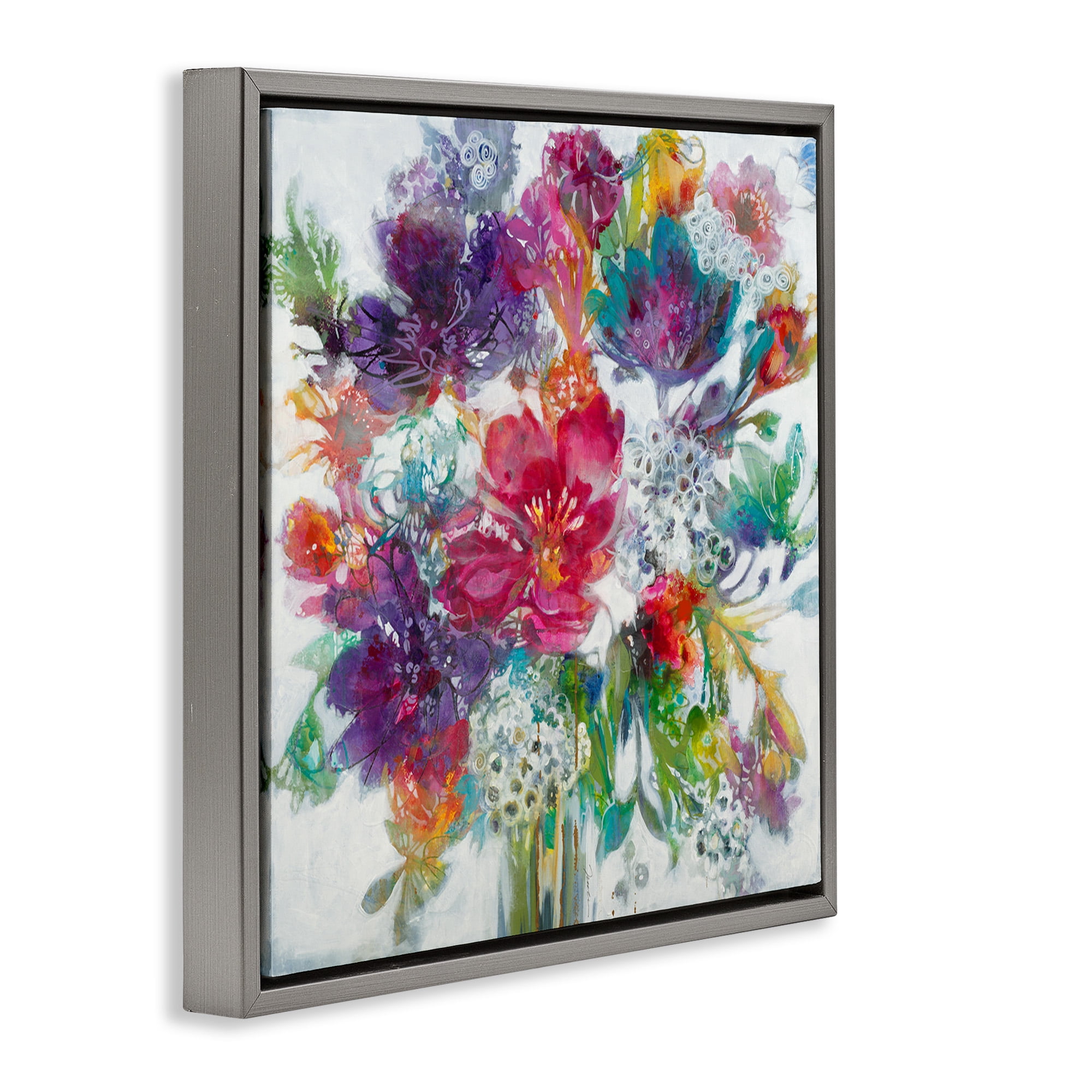 Stupell Industries Whimsical Floral Pop Bouquet Botanical & Floral Painting Gray Floater Framed Canvas Art Print Wall Art, 18 x 18