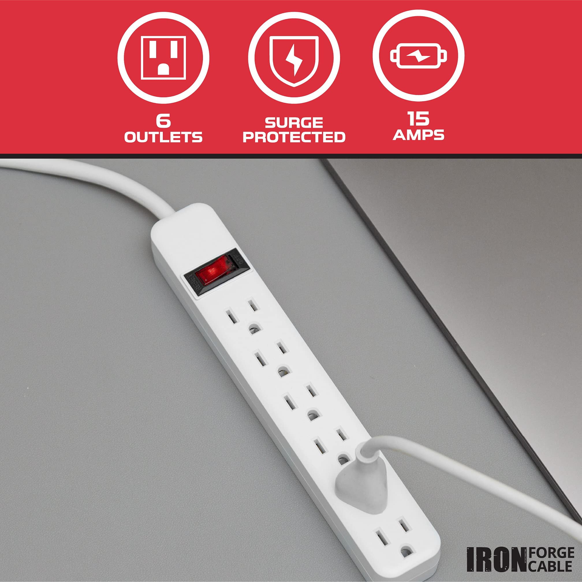 Iron Forge Cable 6 Outlet Surge Protector Power Strip 25 ft Cord, 14/3 SJT White with Long Cord 25 Foot, 240J Surge Protection, 15 Amp,1875 Watt
