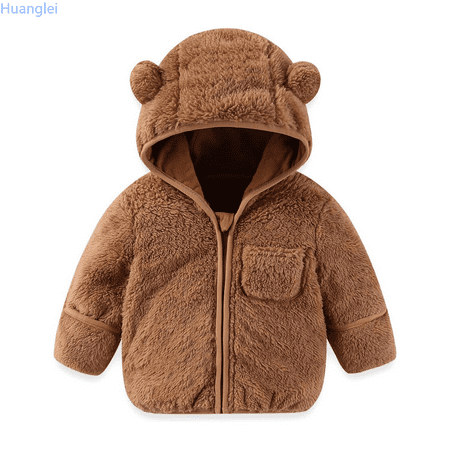 Huanglei Baby Infant Boys Girls Winter Coat With Fold Over Mittens Fleece Outwear Jacket Warm Clothes Bear Hooded Boys Lightweight Jacket 18-24 Months