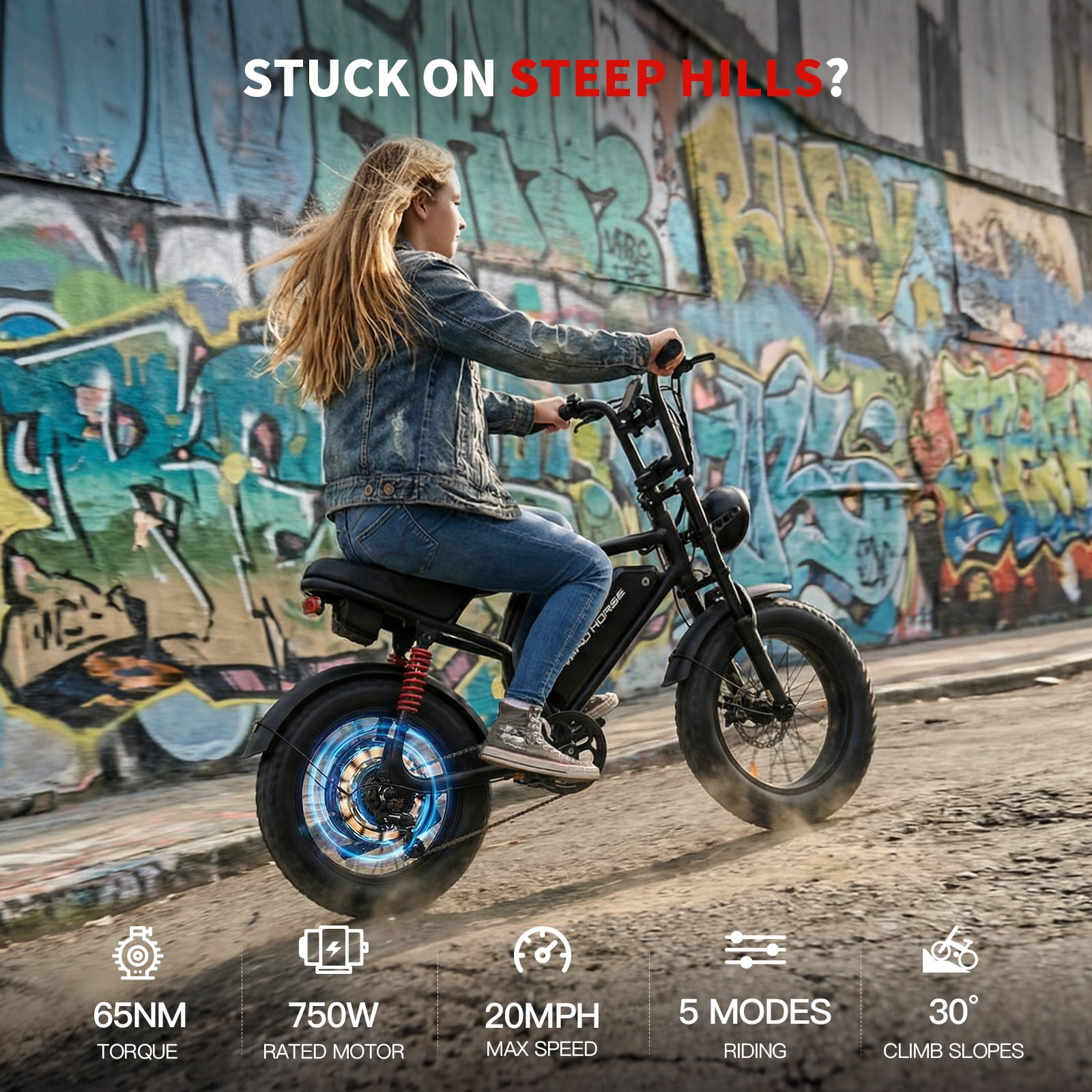 WINDHORSE Electric Bike for Adults, 20 mph 35-65 Miles 16" Fat Tire E Mountain Bike Built-in Speaker, 1255W Peak Electric Bicycle UL