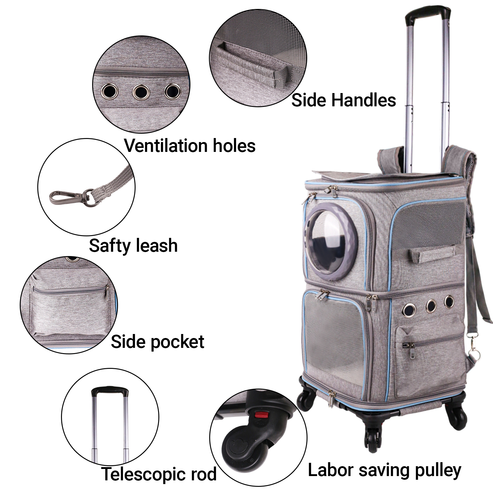 2-in-1 Pet Carrier Backpack for Two Cats or One Dog with Puller & Roller, Double-Layer 2 Compartment Carry Bag to Transport Small Animals Traveling and Hiking, Space Capsule Clear Bubble Dome