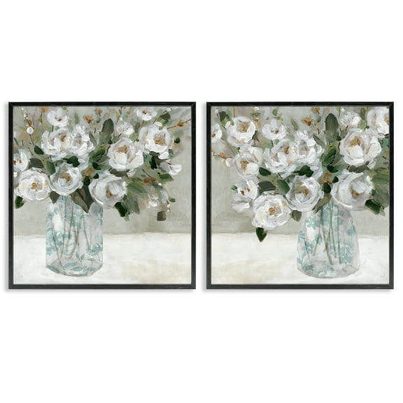 Stupell Industries Blooming White Rose Bouquets Plants & Flowers Painting Black Framed Art Print Wall Art, 12 x 12, Set of 2