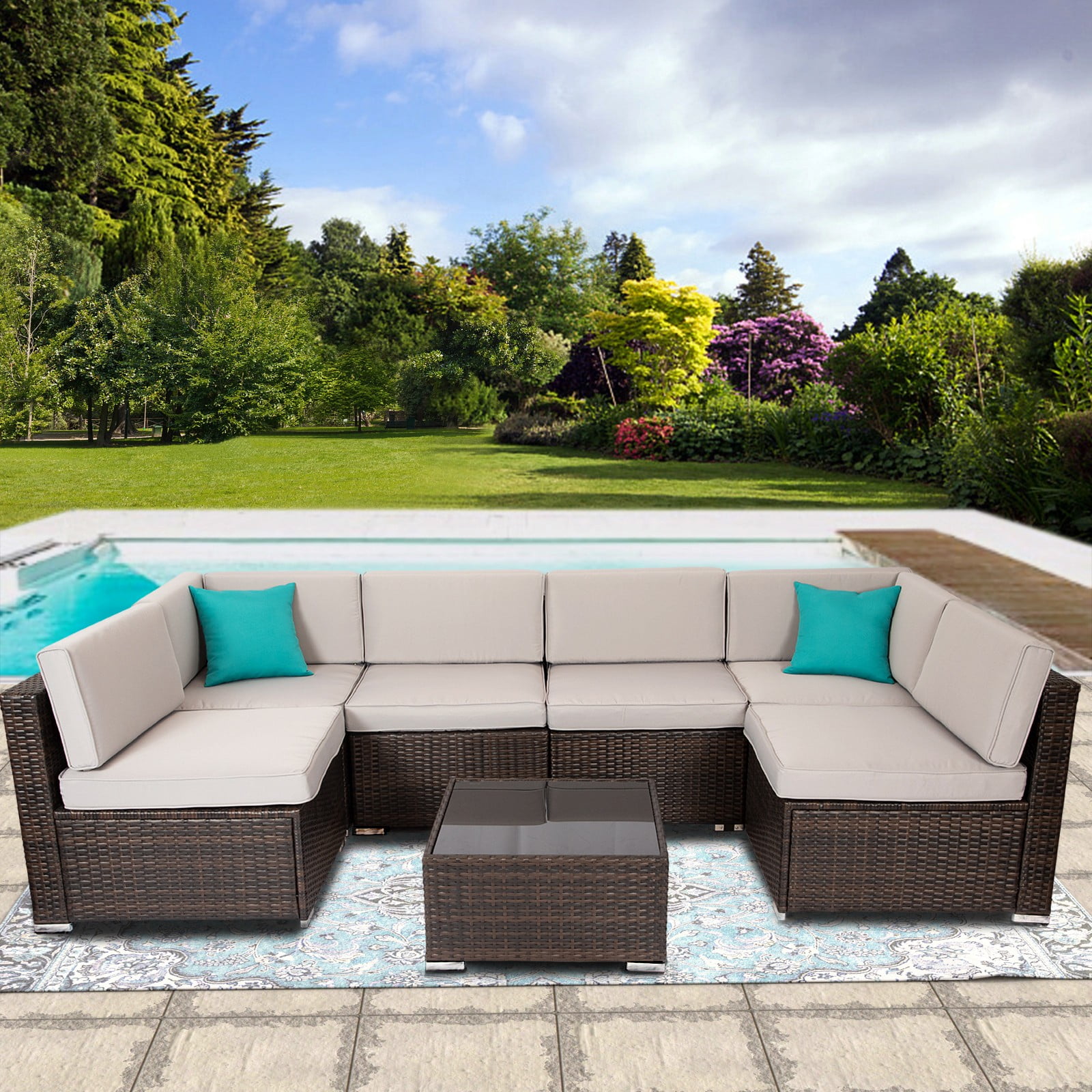 Patio Furniture Set, 7Piece Outdoor Sectional Sofa with Cushions, PE