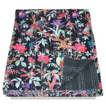 black bird print cotton kantha quilt Bedding throw sofa coverlet bedspread single size Handmade vintage blanket, 60 X 90 Inches
