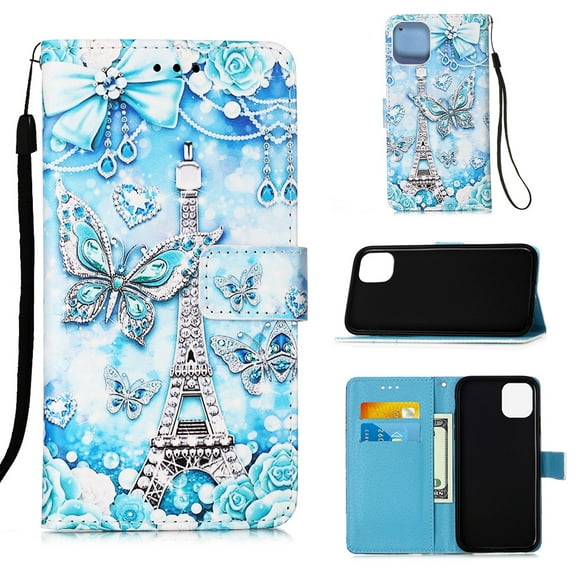 Mantto Patterned Case For iPhone 12 Pro Max, Cute Painted Flip Wallet Card With Hand Strap Magnetic Closure Stand PU Leather Phone Cover For Apple iPhone 12 Pro Max,Tower Butterfly