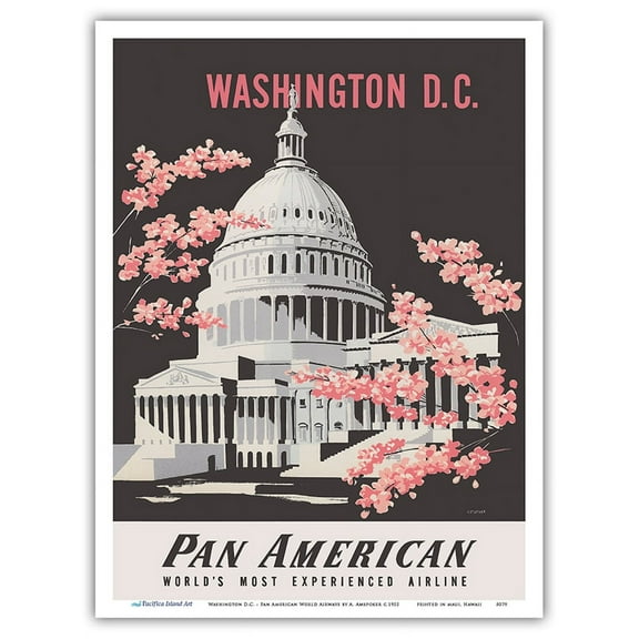 Washington D.C. - Pan American World Airways - United States Capitol Building - Vintage Airline Travel Poster by Aaron Amspoker c.1955 - Master Art Print (Unframed) 9in x 12in