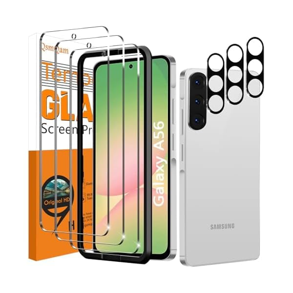 wonima11 QsmQam 3 Pack Screen Protector for Samsung Galaxy A56 5G + 3 Pack Camera Lens Protector, Ultra HD Tempered Glass, 9H Hardness, Anti Scratch, Easy Installation - Case Friendly