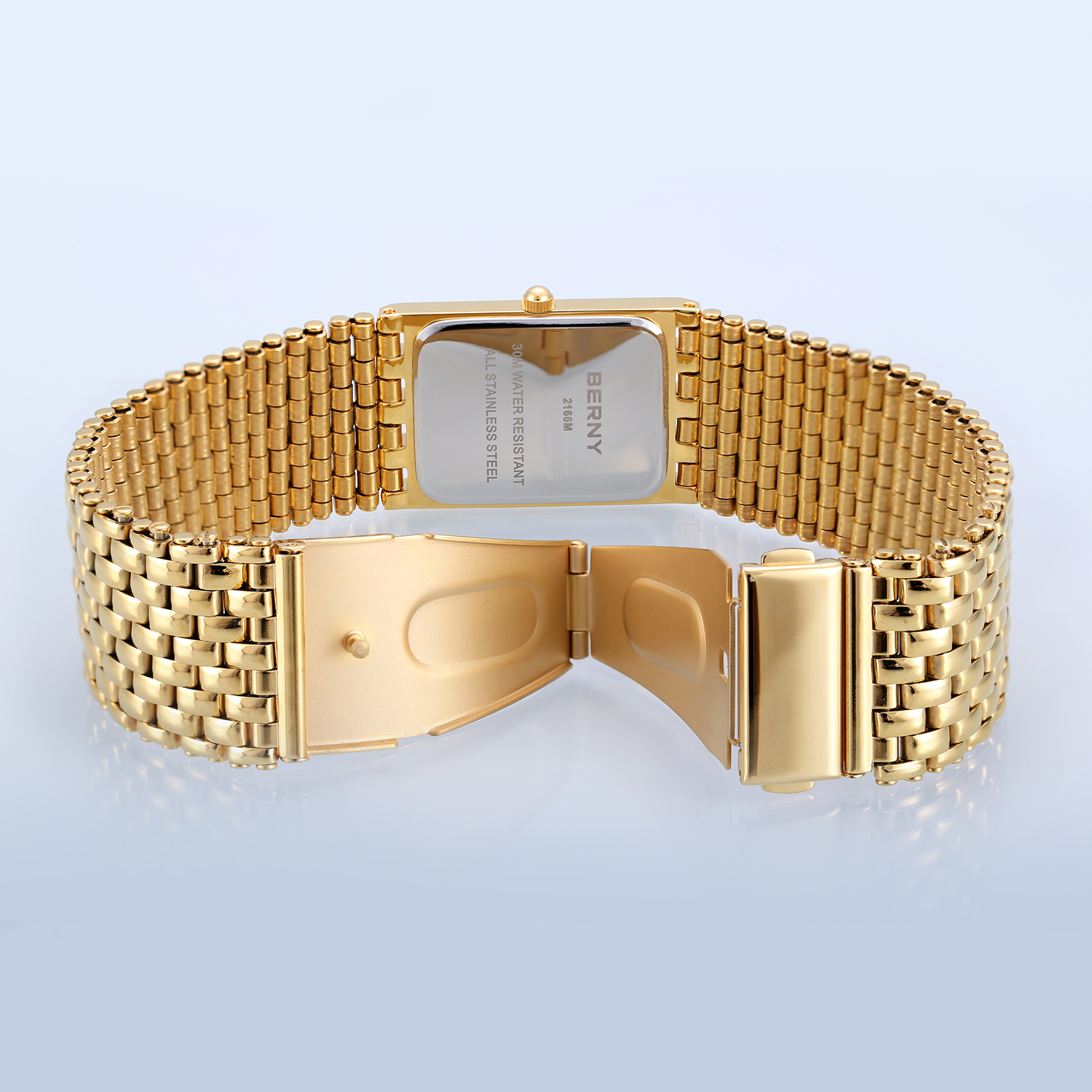 BERNY Men's Gold Rectangular Watch, Stainless Steel Band Quartz Wristwatch, Date Display, 3ATM Water Resistant, Folding Buckle, Classic Business Dress Watch for Men (Gold)
