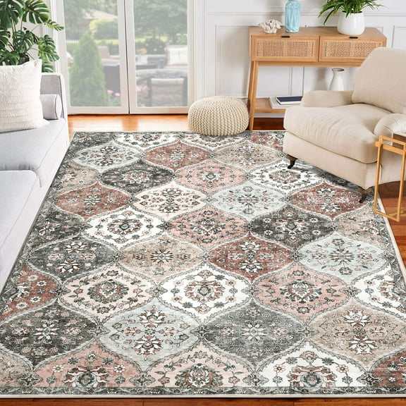 CAROMIO Moroccan Trellis Distressed Area Rugs Stain Resistant Non-Slip Floor Carpet Rug Vintage Medallion Accent Rug, 5' x 7' Gray Pink