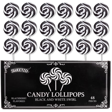 Bulk Black and White Swirl Lollipops, Party Favor Candy, Individually Wrapped Suckers, Pack of 48, 20.32 Ounces