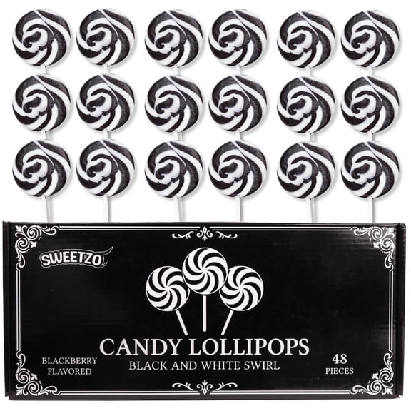 Bulk Black and White Swirl Lollipops, Party Favor Candy, Individually Wrapped Suckers, Pack of 48, 20.32 Ounces