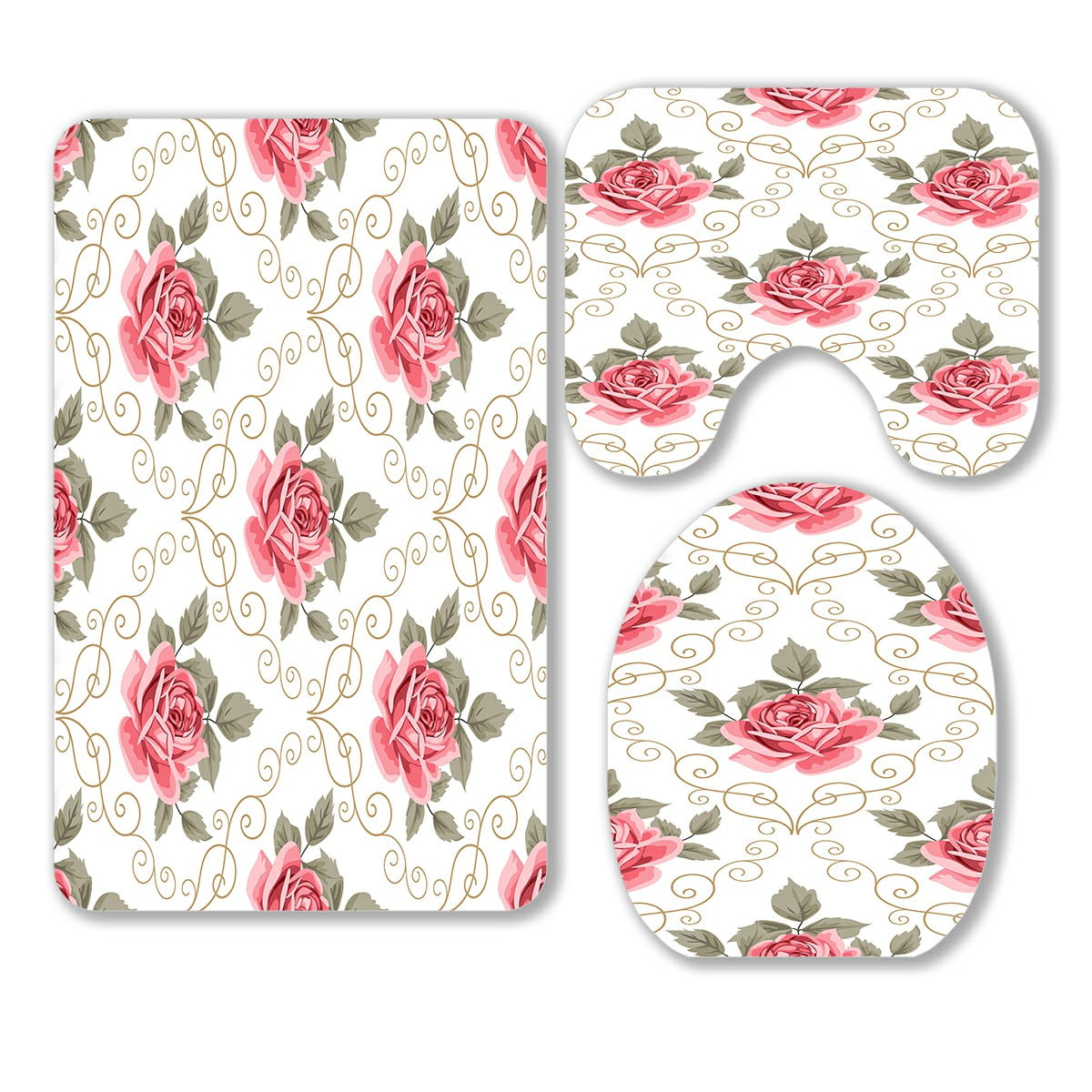 ABPHQTO Pink Roses Curly White Retro 3 Piece Bathroom Rugs Set Bath Rug