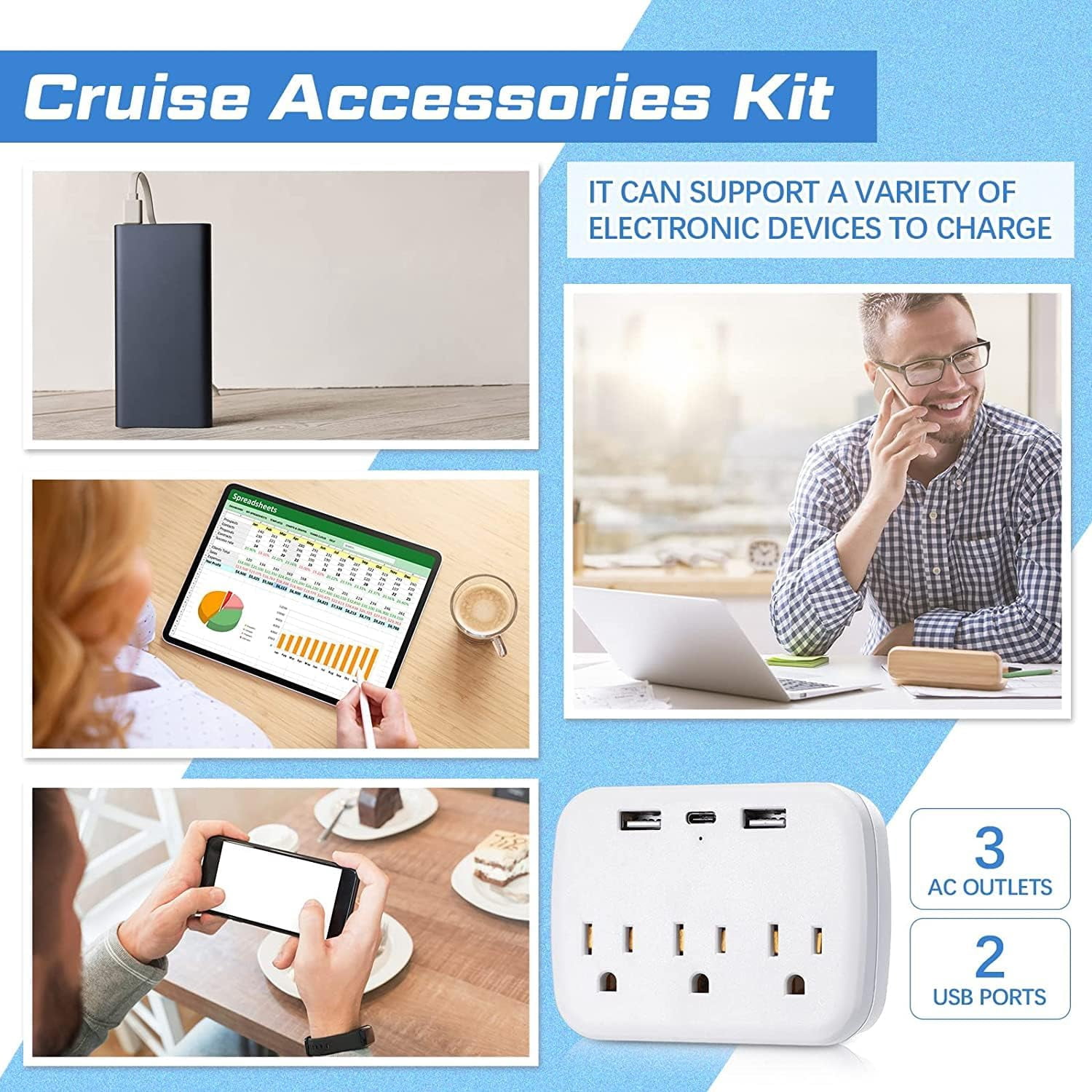 Papapt 9Pcs Cruise Accessories Kit Includes 4 Pcs Carnival Cruise Luggage Tags with Metal Loop 2 Pcs Cruise Lanyards for Ship Cards 2 Pcs Waterproof Phone Pouch and a Cruise Power Strip (Cute Color)