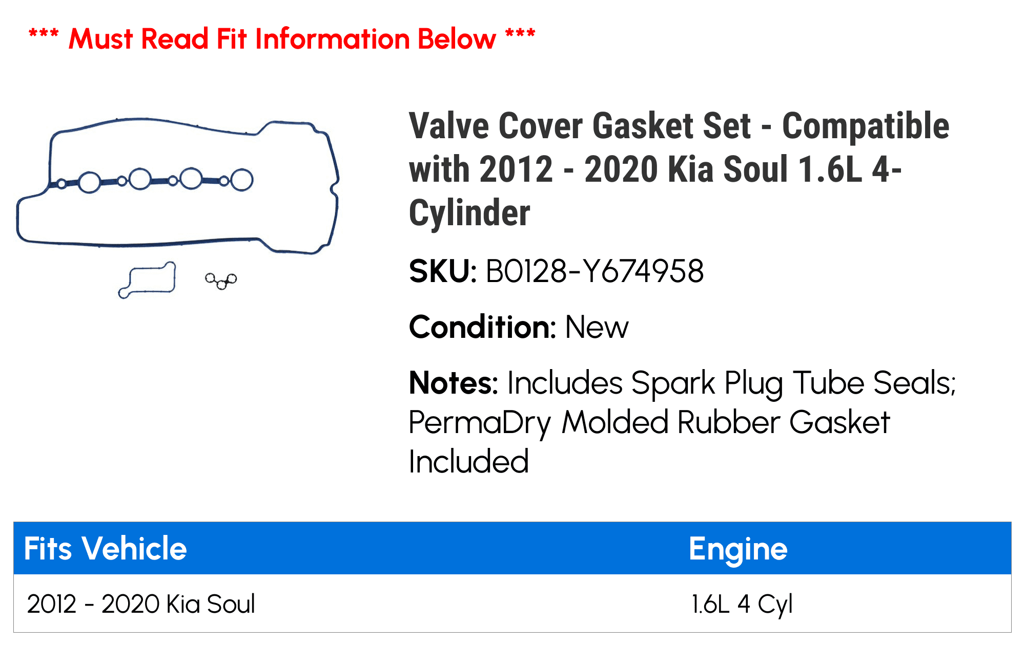 Valve Cover Gasket Set - Compatible with 2012 - 2020 Kia Soul 1.6L 4-Cylinder 2013 2014 2015 2016 2017 2018 2019