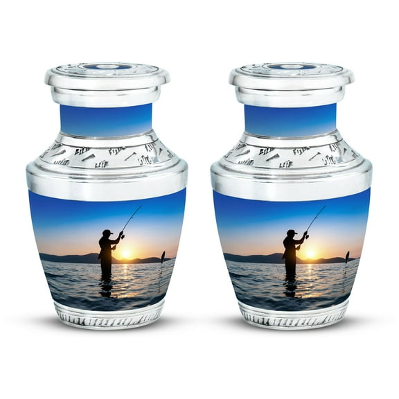 fisherman fishing beautiful morning sunset scene Tiny Urn for Eternal Tribute - Compact Keepsake for Cherished Ashes Funeral Urns For Human Ashes - Memorial Urns 3 Inch, Set Of 2