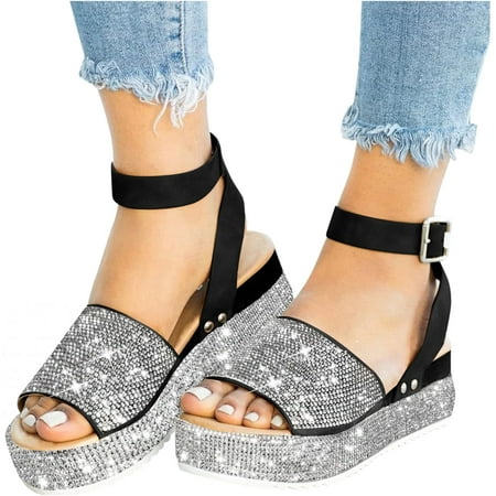

Women Platform Crystal Rhinestone Flatform Sandal Summer Glitter Fashion Sports Wedge Adjusting Buckle Strap Sandals (Color : Black Size : 36)